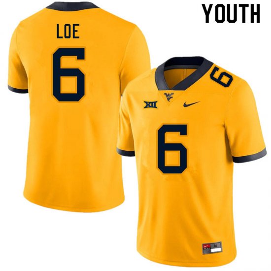 Youth West Virginia Mountaineers NCAA #6 Exree Loe Gold Authentic Nike Stitched College Football Jersey HN15A74AA